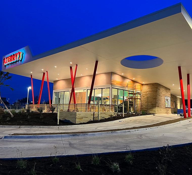 P. Terry's restaurant exterior at dusk, wired by Wired Generations