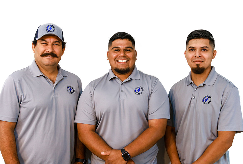 Edward Saravia, Ivan De Anda, and Melchor De Anda — the three co-founders of Wired Generations Electrical Contractors in matching branded polos